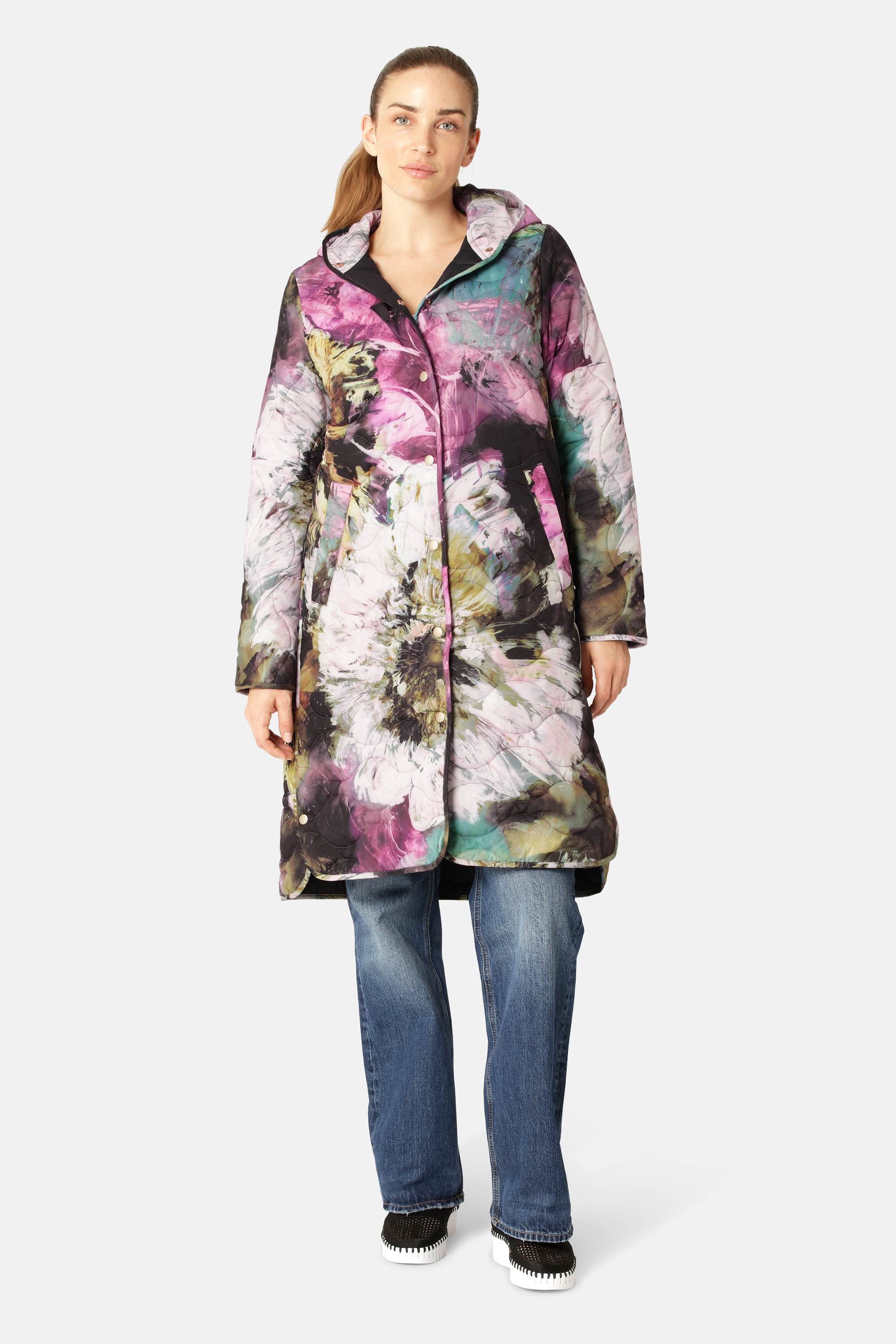 Lang Quiltet Frakke - Artistic Flower Print